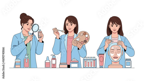 Three female dermatologists or skincare experts examining skin and cosmetic products with magnifying glass and tools in a laboratory setting for beauty research and development