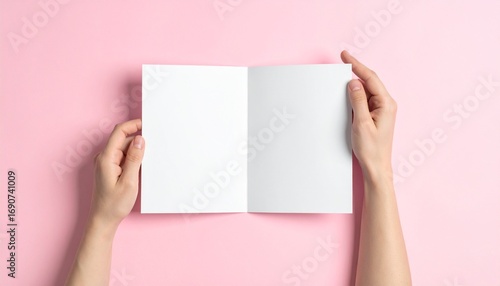 Female hands holding an open blank white bifold greeting card mockup on a solid pink background.