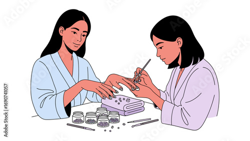 Aesthetician meticulously applying gel nail polish to a client s fingernails at a beauty salon focusing on intricate detail and professional care