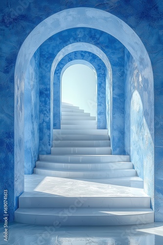 White podium and stairs surrounded by blue arches in minimalist space