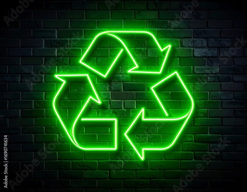 Neon recycle symbol on brick wall