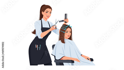 Professional hairstylist carefully cutting and styling a young woman s long brown hair with scissors and comb in a salon