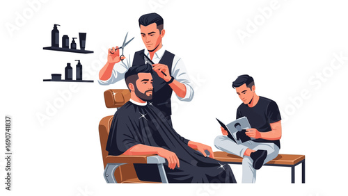 Skilled barber meticulously cutting hair of a bearded client in a classic barber chair while another man reads a magazine on a bench