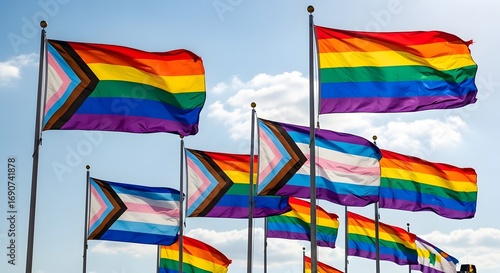 Rainbow and Transgender Flags Flying in Sky