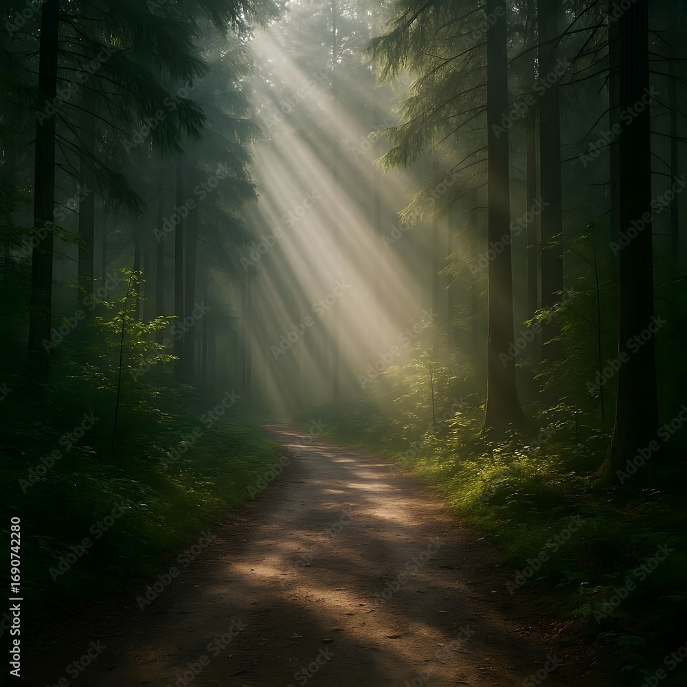 Obraz premium Spotlit mist on a forest path.
