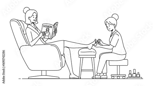 Woman relaxing in a comfortable chair reading a magazine while receiving a professional pedicure treatment at a salon