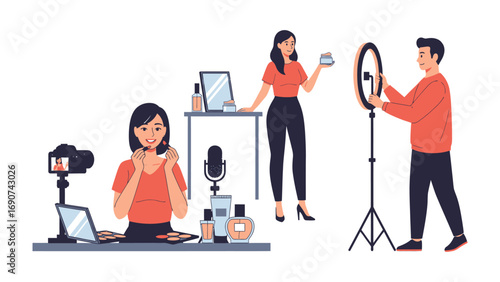 Diverse group of people creating online content with cameras microphones ring lights and makeup for beauty tutorials and vlogging