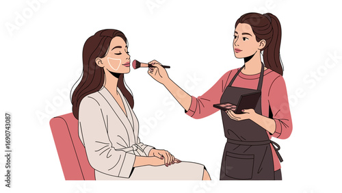 Professional makeup artist applying blush to a woman s face with a brush in a salon setting
