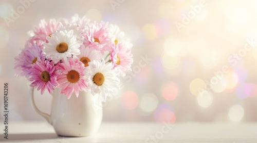 Wallpaper Mural A bouquet of pink and white daisies in a ceramic jug with a warm, softly blurred background, Torontodigital.ca