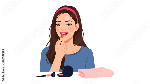 Young woman with long brown hair wearing a pink headband applying makeup with a sponge and brush for a flawless complexion
