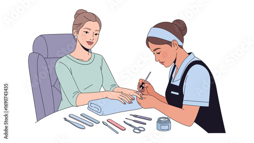 A woman receives a professional manicure from a skilled nail technician in a salon setting with various tools laid out on the table