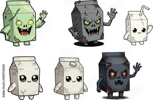 Creepy zombie milk cartons, cute horror drink boxes, spooky halloween beverage characters, scary cartoon packaging illustration with glowing monster faces