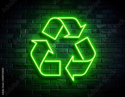 Neon recycling symbol on dark brick wall