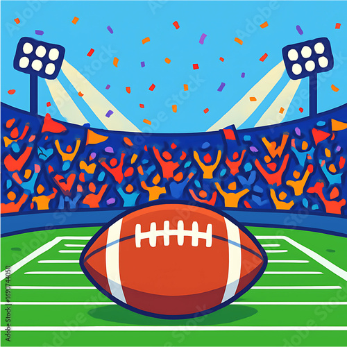 Vibrant illustration capturing the electric atmosphere of a football game with a ball on the field, cheering fans, and stadium lights