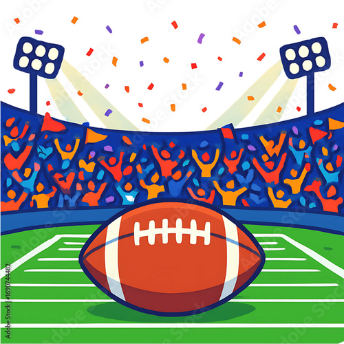 Exciting football game day illustration featuring a prominent ball, stadium, cheering crowd, bright lights, and celebratory confetti