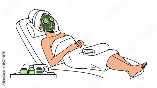 Relaxing woman with green face mask and cucumber slices on eyes reclines in spa chair wrapped in towels enjoying pampering treatment
