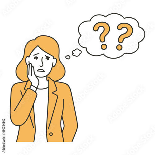 A confused woman with question marks, , holding her face with her hand, looking worried, wearing a yellow blazer