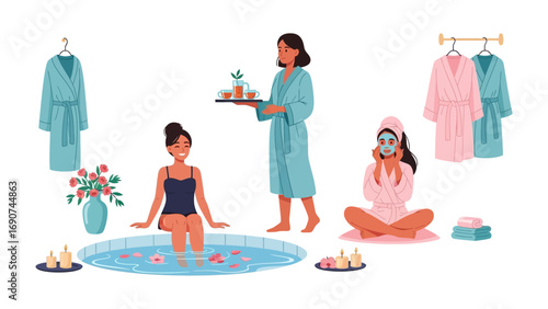 Relaxing spa day with women enjoying a hot tub facial treatments and spa robes in a tranquil wellness center environment
