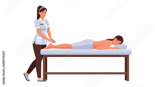 Professional female massage therapist giving a relaxing leg massage to a client lying on a massage table in a spa setting