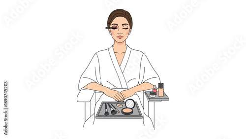 Elegant woman with eyes closed wearing a white robe preparing for a special occasion with makeup and beauty products laid out on a tray
