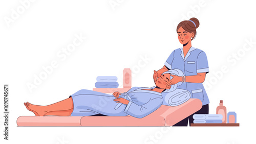 Professional aesthetician performing a facial treatment on a relaxed elderly woman lying on a spa bed in a clean clinic setting