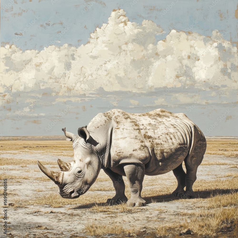 Fototapeta premium Majestic Rhinoceros Under Cloudy Sky: Witness the stoic presence of a rhinoceros against a canvas of vast, open land under a dramatic, cloudy sky.