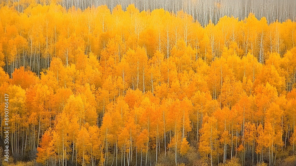 Fototapeta premium Aerial View of Golden Autumn Aspen Forest with Yellow and Orange Foliage Forming a Sea of Gold Pattern