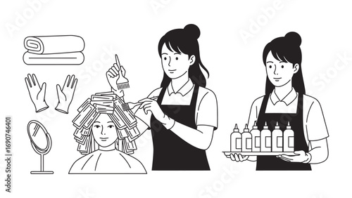 Hand drawn illustration of a hairstylist applying hair dye to a client s curly hair with a tray of colorful bottles and salon accessories