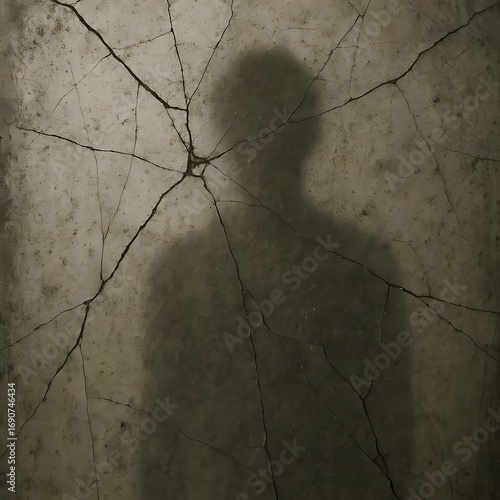 Old cracked mirror with faint shadow reflection.