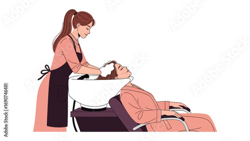 Stylist washing client s hair at salon shampoo station with client reclining in chair wearing robe