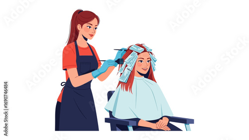 Professional hairstylist applying hair dye with foils to a happy client sitting in a salon chair during a beauty treatment