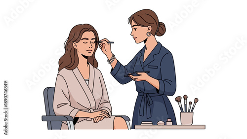 Professional makeup artist applying cosmetics to a young woman s face in a beauty salon setting with tools visible