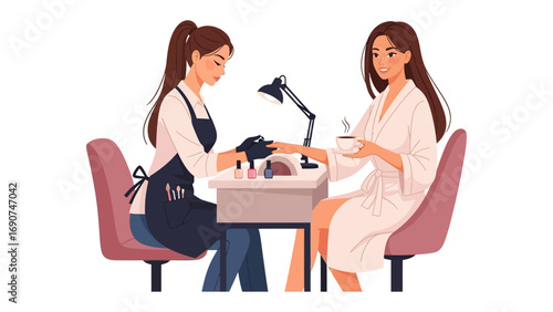 Professional manicurist carefully applying nail polish to a client s hand in a modern salon setting with comfortable chairs