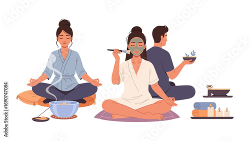 Three people in traditional clothing meditating and performing a tea ceremony with serene expressions and focused concentration on a white background