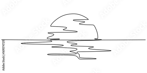 Sunset and cloud continuous one line drawing of minimalist outline vector design, sunset,sunrise, beach, palm tree in single line draw illustration. Editable stroke, landscape with sun and beach in on