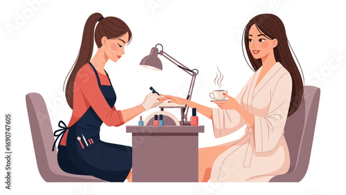Professional nail technician carefully applying polish to a client s fingernails at a beauty salon table