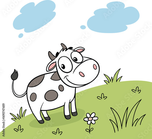Happy Cartoon Calf on a Hill