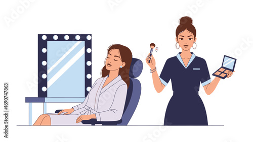 Professional makeup artist applying cosmetic makeup to a woman sitting in a chair in front of a lighted mirror