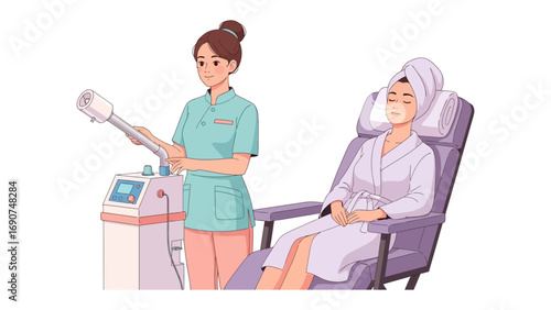 Skilled aesthetician in uniform performing a facial treatment on a relaxed client in a spa chair with equipment