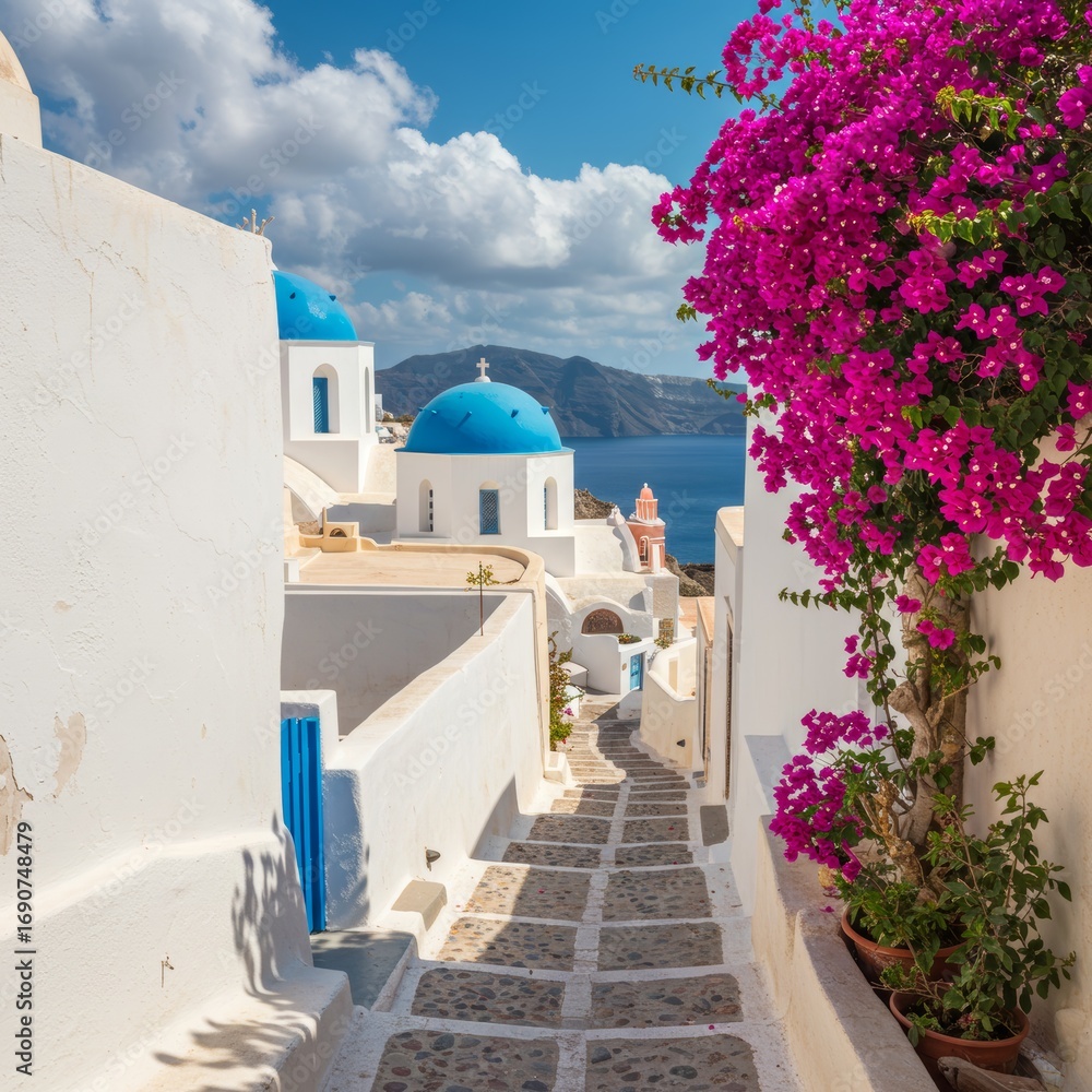 Fototapeta premium Picturesque Santorini Alley with Blue Domed Church and Bougainvillea