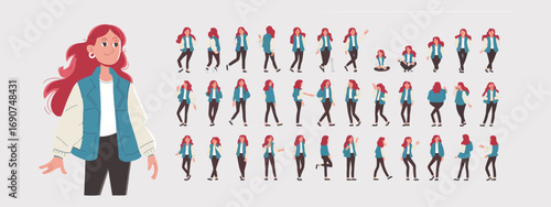 Comprehensive collection of animated poses for a lively cartoon young woman with flowing red hair, depicting various actions and expressions for digital projects