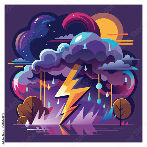Dramatic Storm With Lightning Rain and Clouds thunder with Vector Design