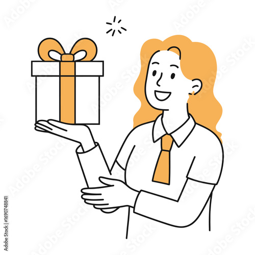 A happy woman is holding a gift box with a ribbon, representing celebration, surprise, and generosity