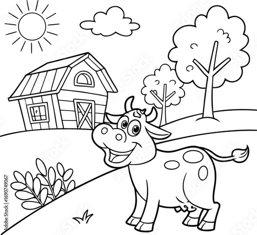 Happy Cow on the Farm Line Art