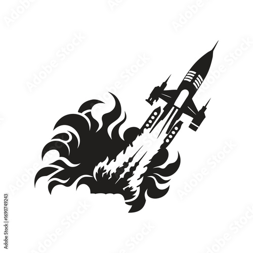 Silhouette of a retro rocket ship blasting off with fiery exhaust Keywords: with Vector Design