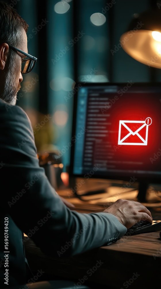 Fototapeta premium Employee Engaged in Phishing Simulation Training While Analyzing Email Alert on Computer Screen in Modern Office Setting