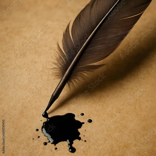 Feather quill on parchment with dripping ink.