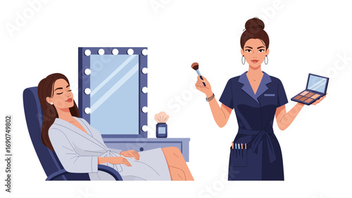Professional makeup artist applying cosmetics to a client sitting in a chair in a beauty salon with a lighted mirror