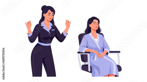 Frustrated businesswoman gesturing emphatically towards a calm woman sitting in a chair in a professional setting