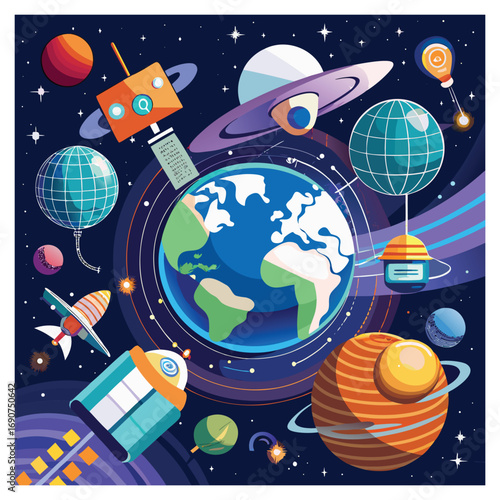 Vibrant Space Scene With Planets Satellites and Rocket galaxy earth with Vector Design